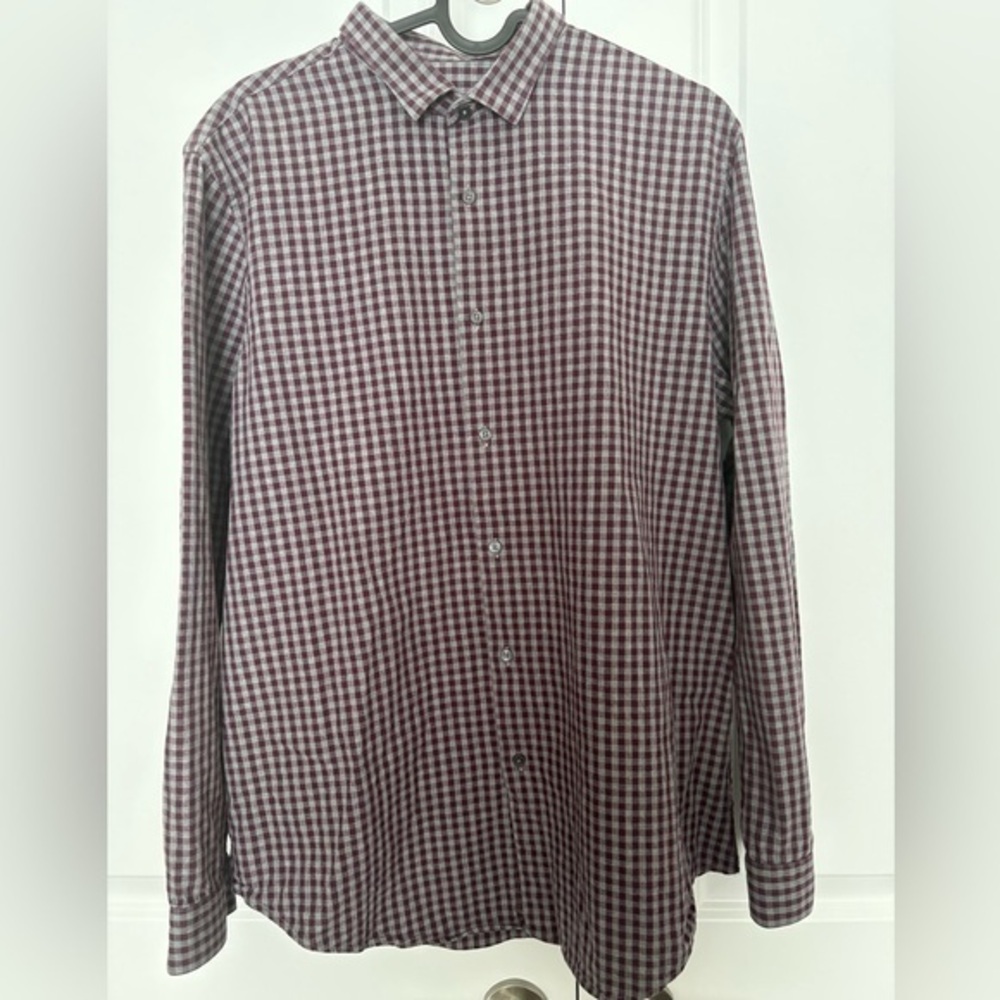 Zara Basic Slim Fit Button Up Shirt | Men’s Large | Gingham Burgundy Grey Cotton